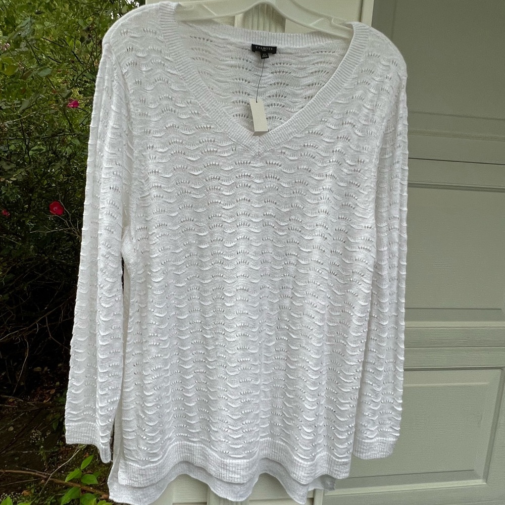 NWT Talbots Leggings Length White Open Weave V-Neck Sweater